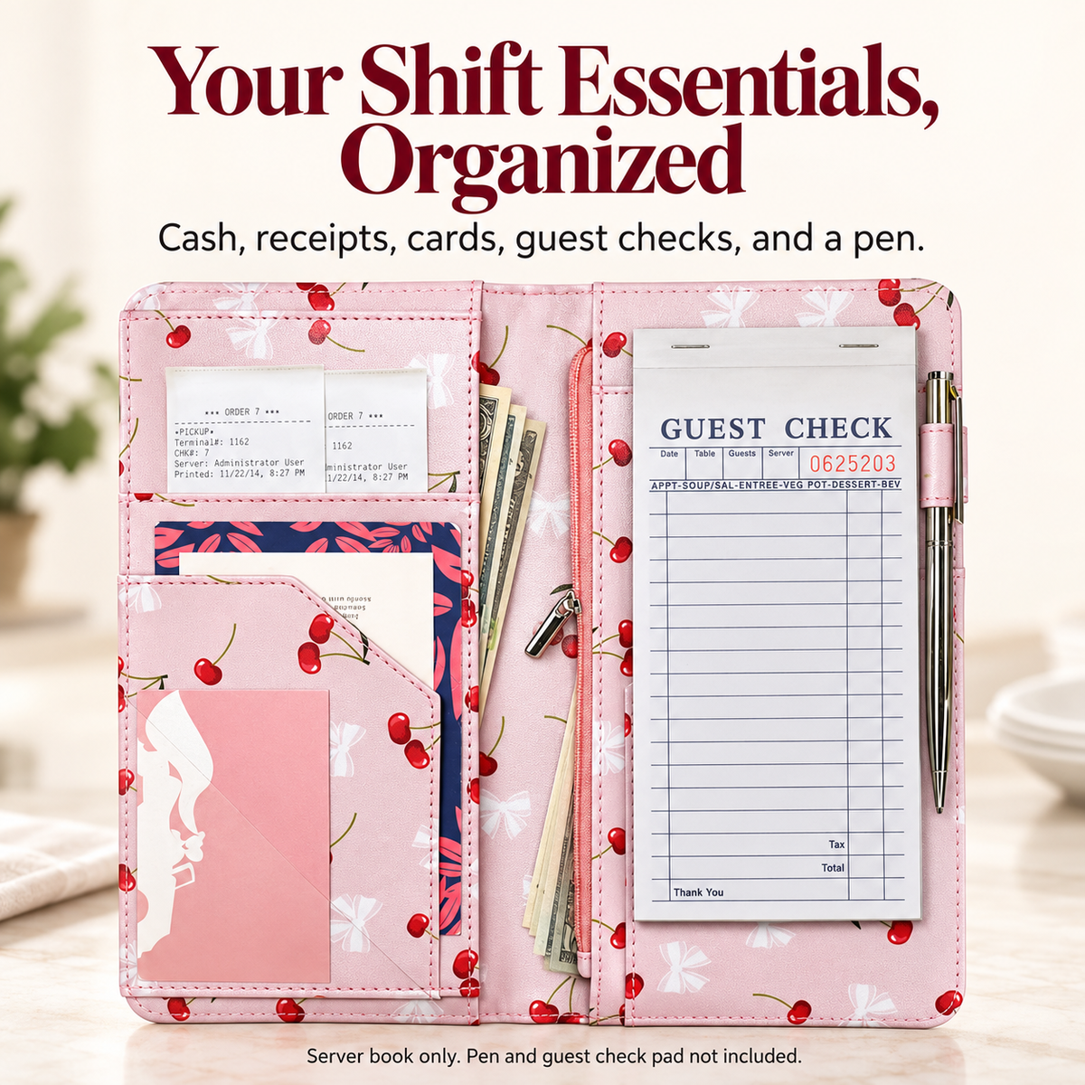 Mymazn Cartoon Cherry Expandable Server Book — organized shift essentials