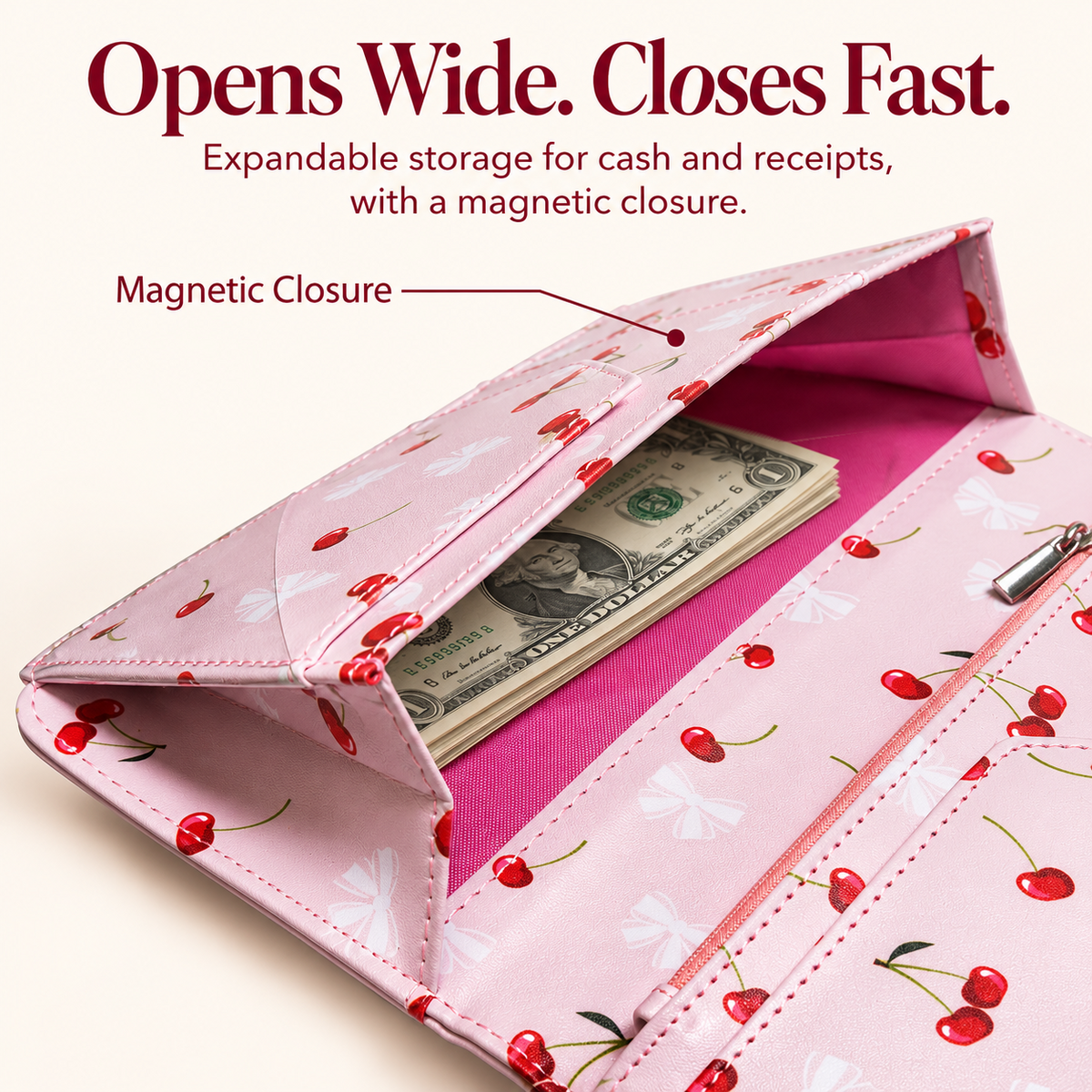 Mymazn Cartoon Cherry Expandable Server Book — wide-opening magnetic compartment
