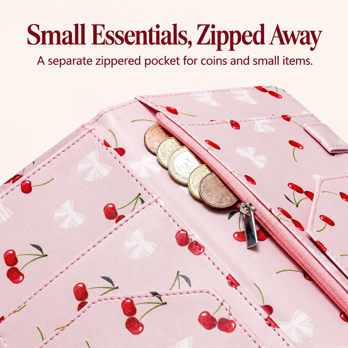 Mymazn Cartoon Cherry Expandable Server Book — separate zipper pocket