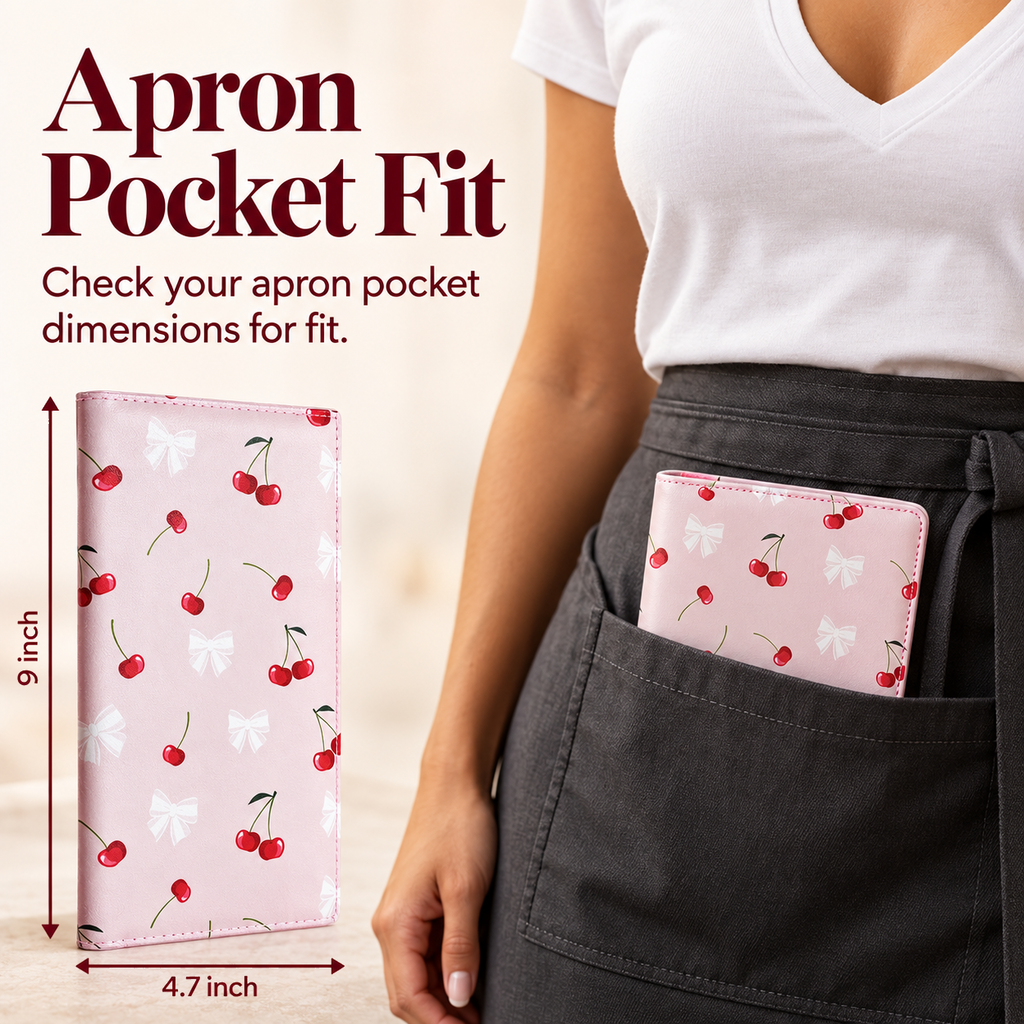 Mymazn Cartoon Cherry Expandable Server Book — dimensions and apron pocket fit