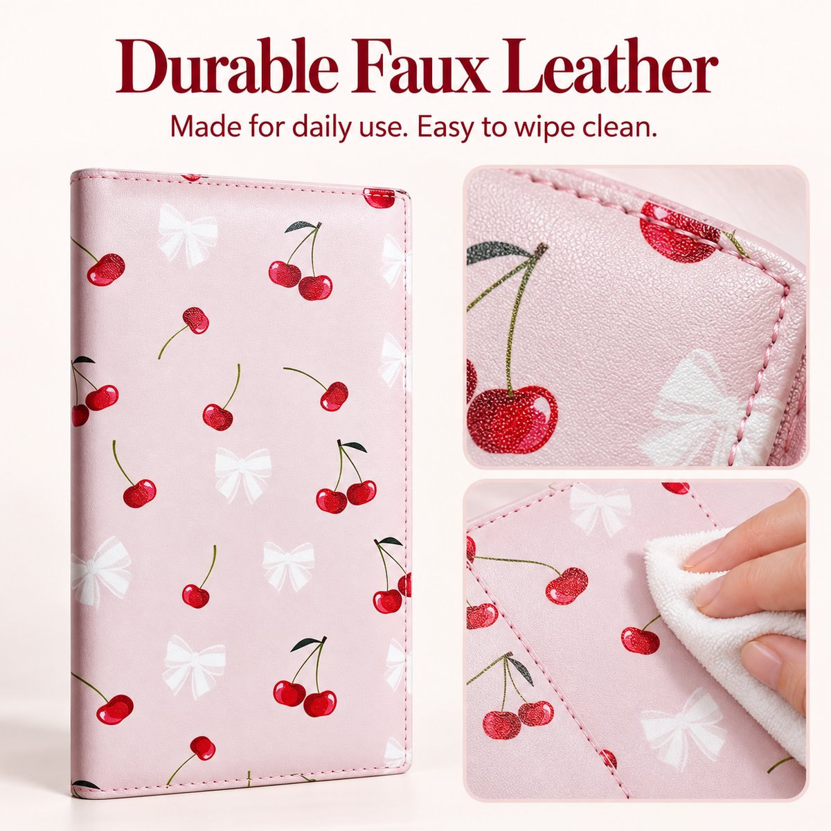 Mymazn Cartoon Cherry Expandable Server Book — faux leather and wipe-clean care