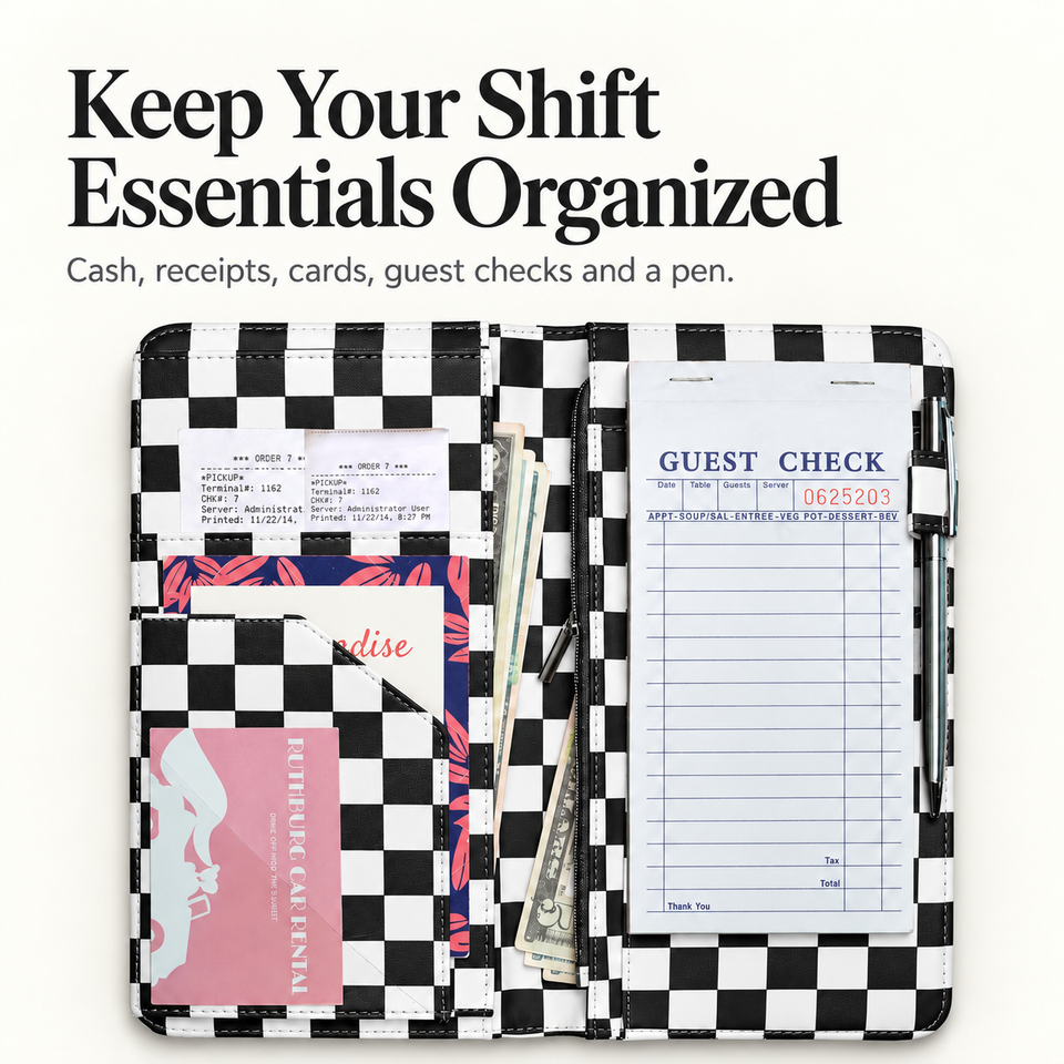 Mymazn Black & White Checkerboard Expandable Server Book — organized shift essentials