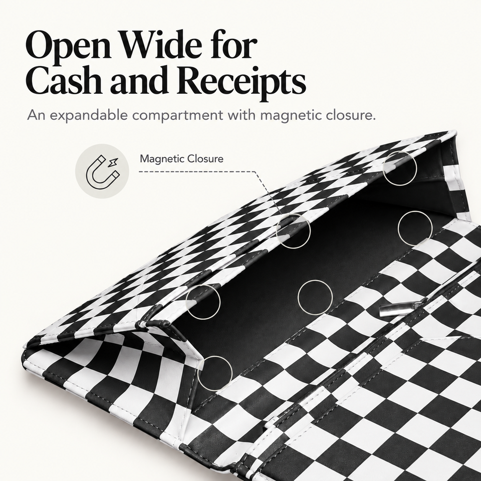 Mymazn Black & White Checkerboard Expandable Server Book — wide-opening magnetic compartment