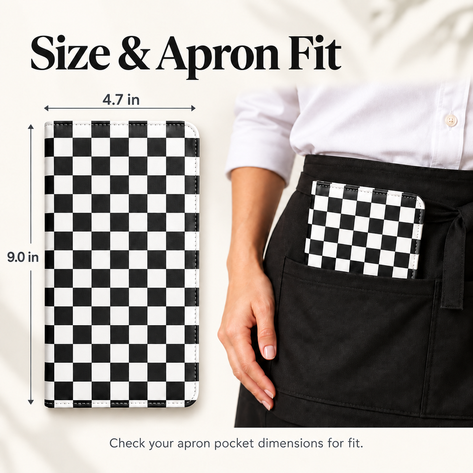 Mymazn Black & White Checkerboard Expandable Server Book — dimensions and apron pocket fit