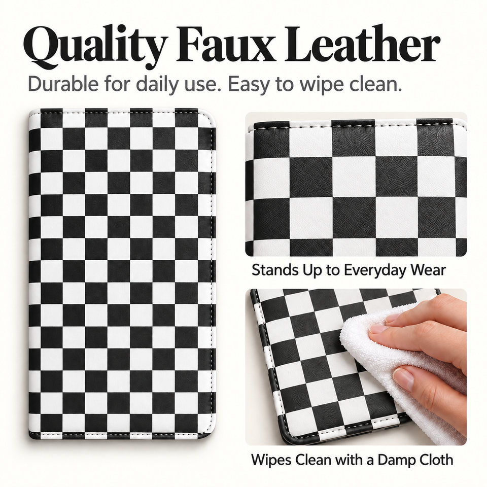 Mymazn Black & White Checkerboard Expandable Server Book — faux leather and wipe-clean care