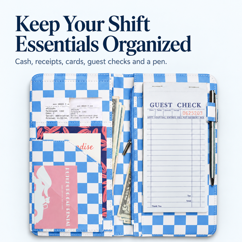 Mymazn Blue Checkerboard Expandable Server Book — organized shift essentials