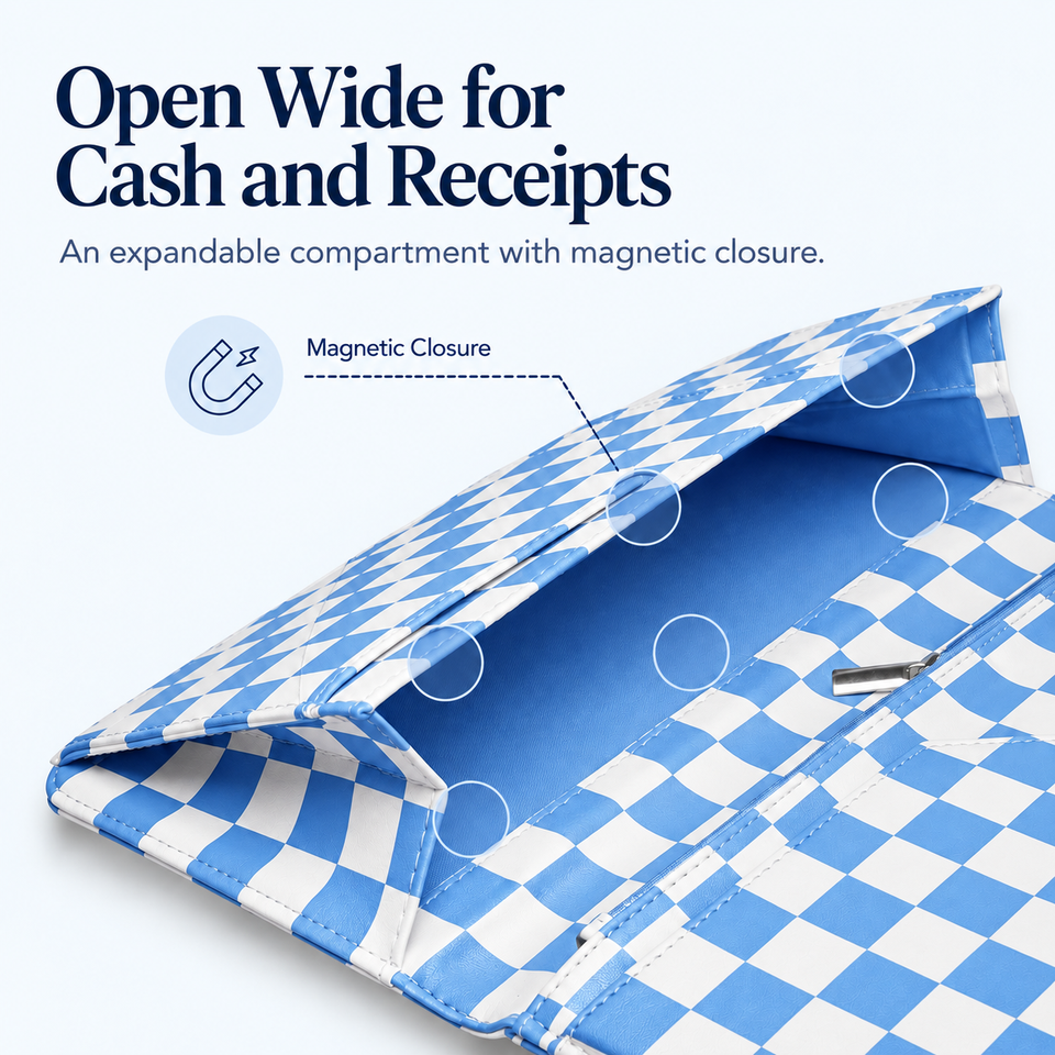 Mymazn Blue Checkerboard Expandable Server Book — wide-opening magnetic compartment