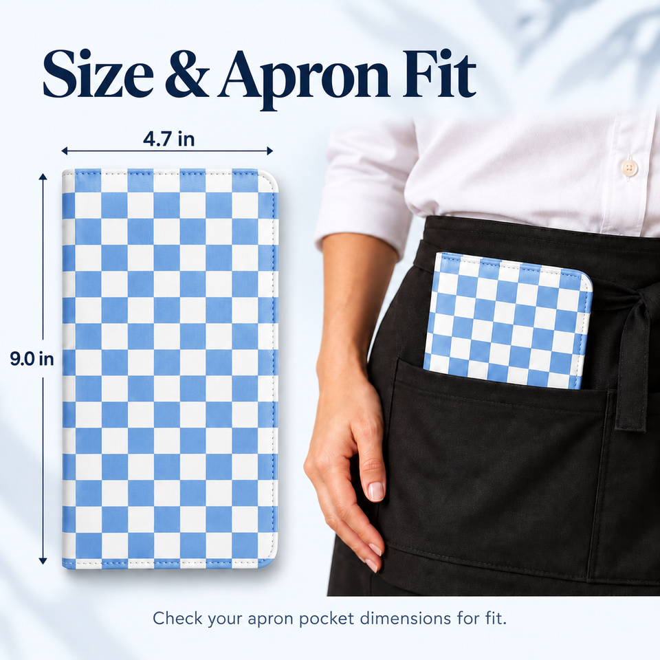 Mymazn Blue Checkerboard Expandable Server Book — dimensions and apron pocket fit