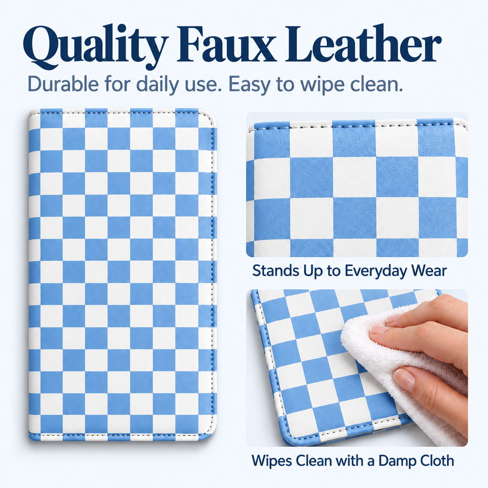 Mymazn Blue Checkerboard Expandable Server Book — faux leather and wipe-clean care