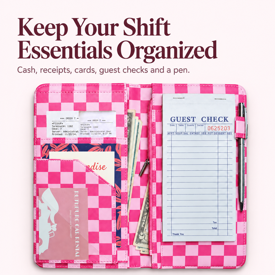 Mymazn Hot Pink Checkerboard Expandable Server Book — organized shift essentials