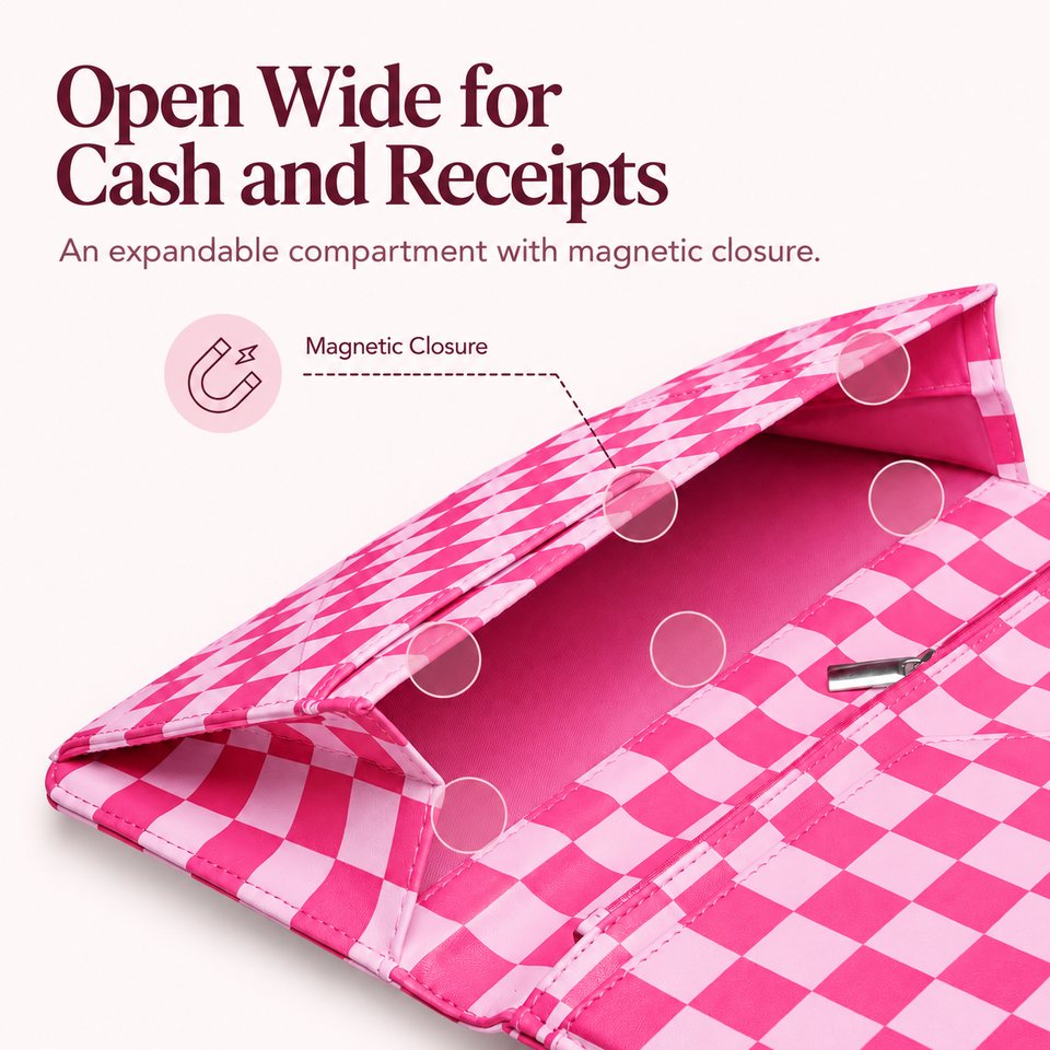 Mymazn Hot Pink Checkerboard Expandable Server Book — wide-opening magnetic compartment
