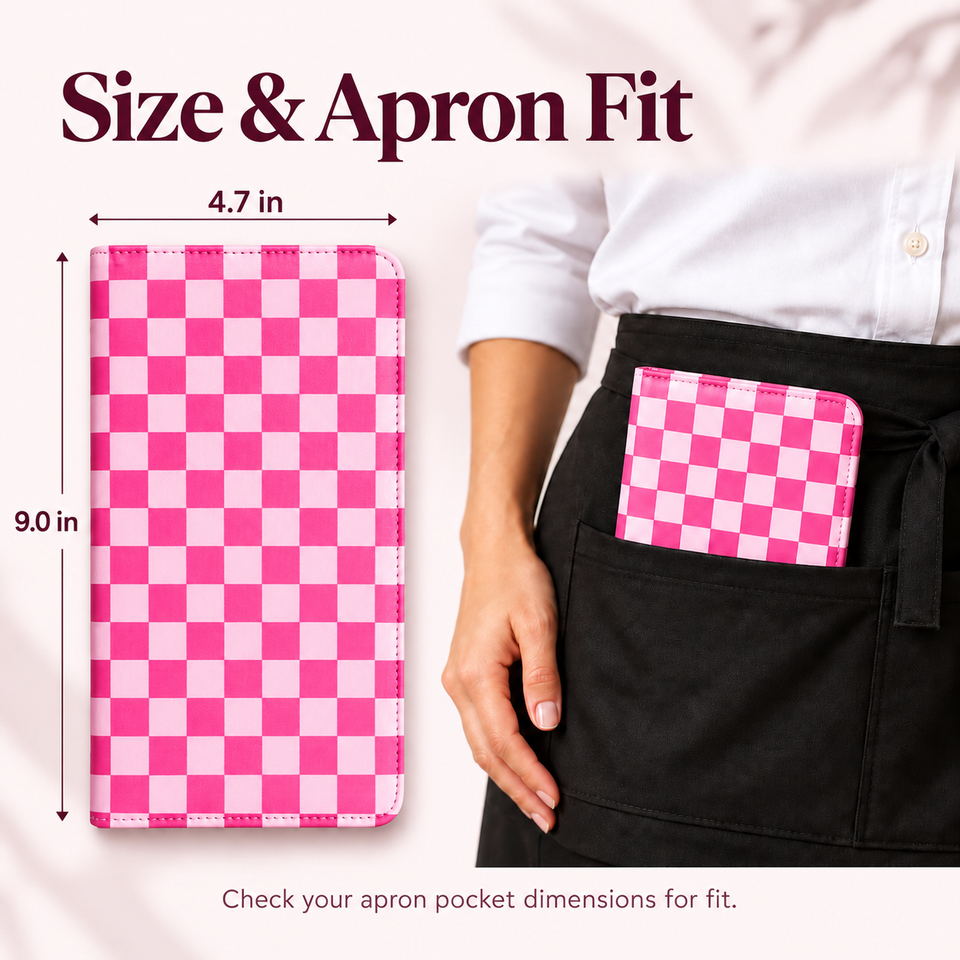 Mymazn Hot Pink Checkerboard Expandable Server Book — dimensions and apron pocket fit