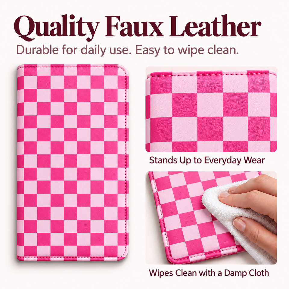 Mymazn Hot Pink Checkerboard Expandable Server Book — faux leather and wipe-clean care