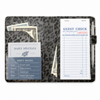 Mymazn Gray Leopard Classic Server Book open with guest checks, cash, reference cards, and an exterior pen holder