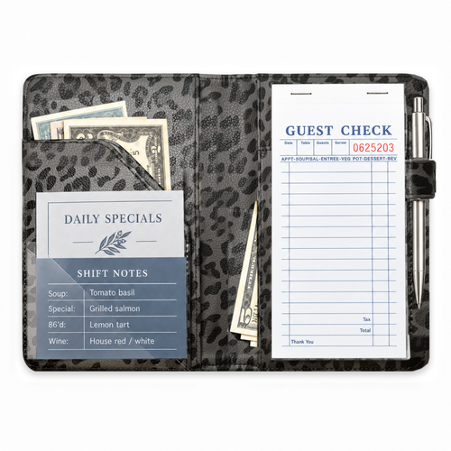 Mymazn Gray Leopard Classic Server Book open with guest checks, cash, reference cards, and an exterior pen holder