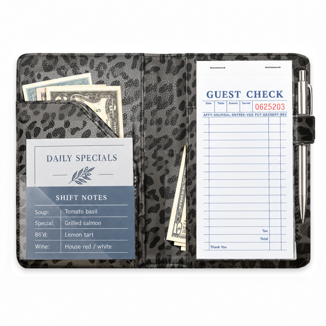 Mymazn Gray Leopard Classic Server Book open with guest checks, cash, reference cards, and an exterior pen holder