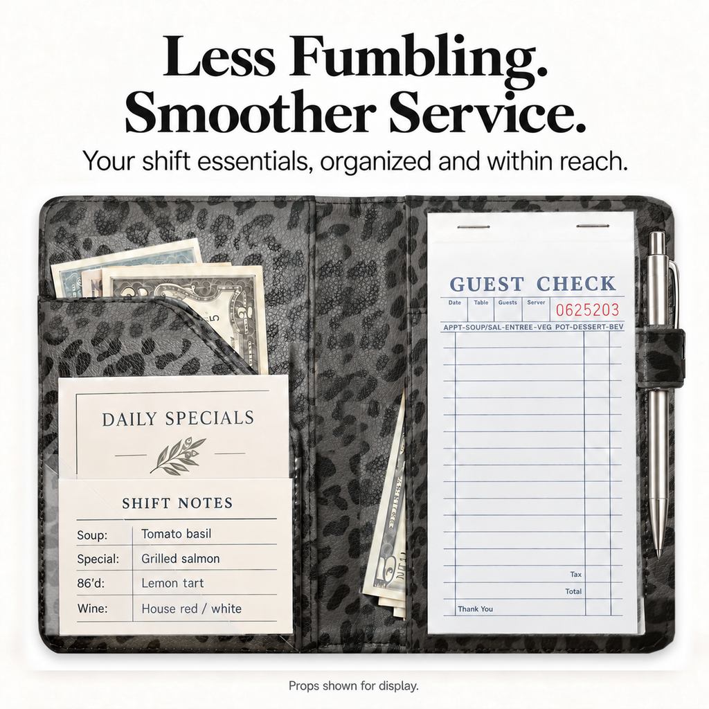Mymazn Gray Leopard Classic Server Book — loaded guest check, cash, cards, receipts, and exterior pen holder