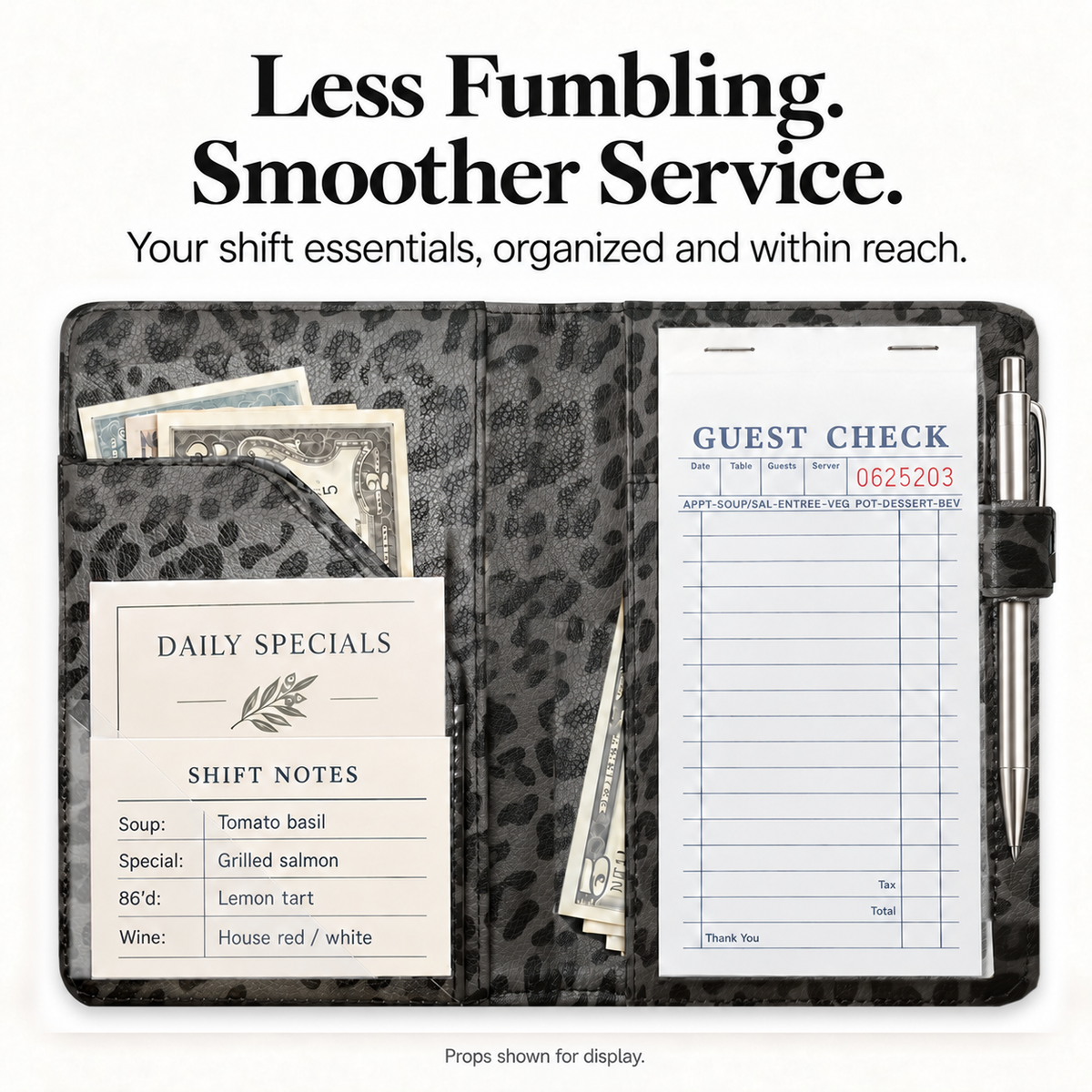 Mymazn Gray Leopard Classic Server Book — loaded guest check, cash, cards, receipts, and exterior pen holder