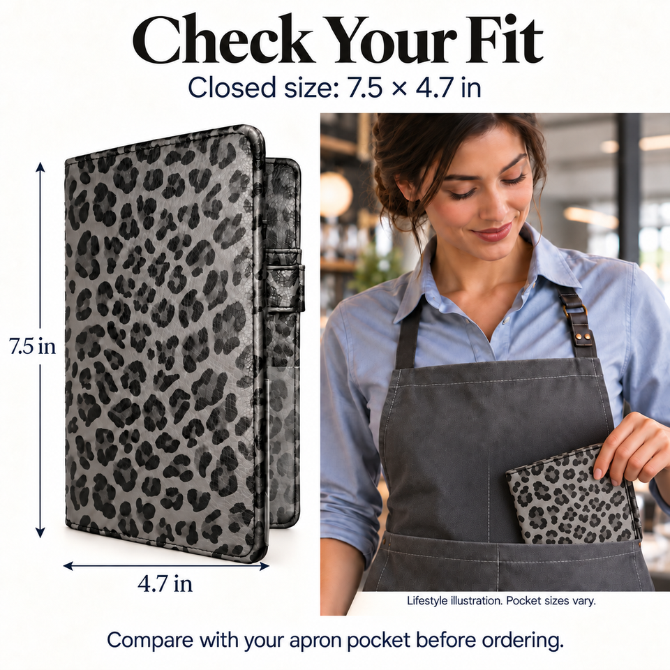 Mymazn Gray Leopard Classic Server Book — closed dimensions of 7.5 by 4.7 inches with an illustrative apron scene