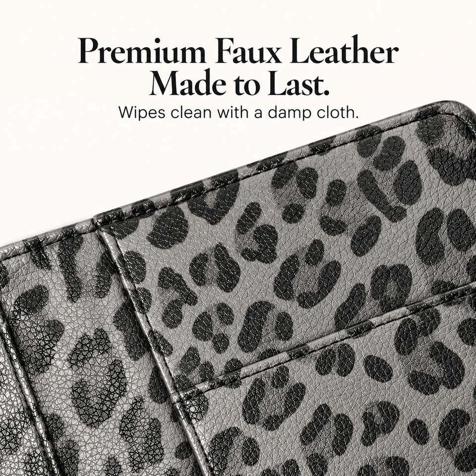 Mymazn Gray Leopard Classic Server Book — faux leather texture and stitched edge detail
