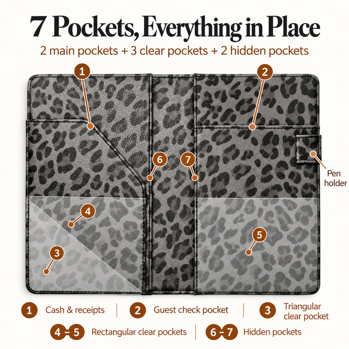 Mymazn Gray Leopard Classic Server Book — seven storage pockets and separate exterior pen holder