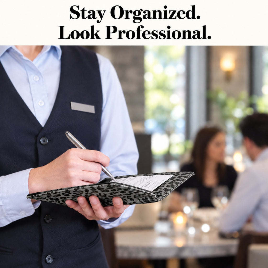 Mymazn Gray Leopard Classic Server Book — illustrative restaurant writing scene