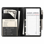 Mymazn Black Classic Server Book open with a guest check, cash, reference cards, and an exterior pen holder