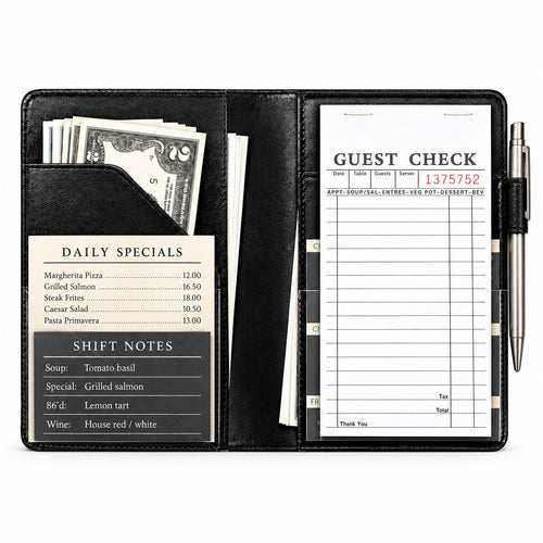 Mymazn Black Classic Server Book open with a guest check, cash, reference cards, and an exterior pen holder