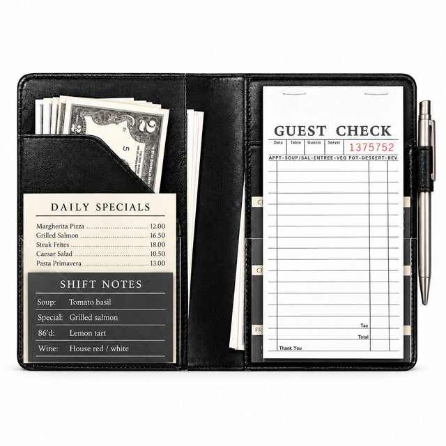 Mymazn Black Classic Server Book open with a guest check, cash, reference cards, and an exterior pen holder