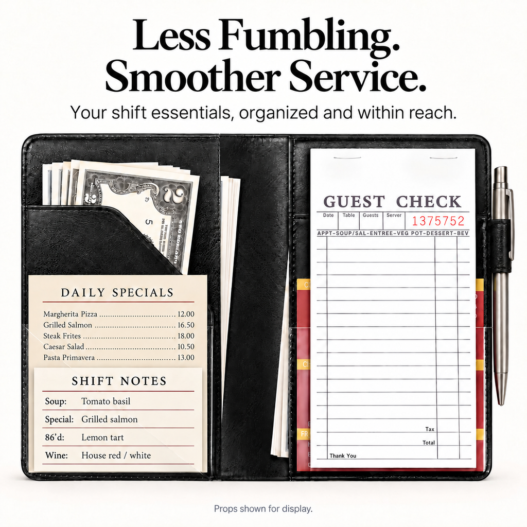 Mymazn Black Classic Server Book loaded with guest checks, cash, cards, receipts, and an exterior pen holder
