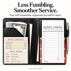 Mymazn Black Classic Server Book loaded with guest checks, cash, cards, receipts, and an exterior pen holder