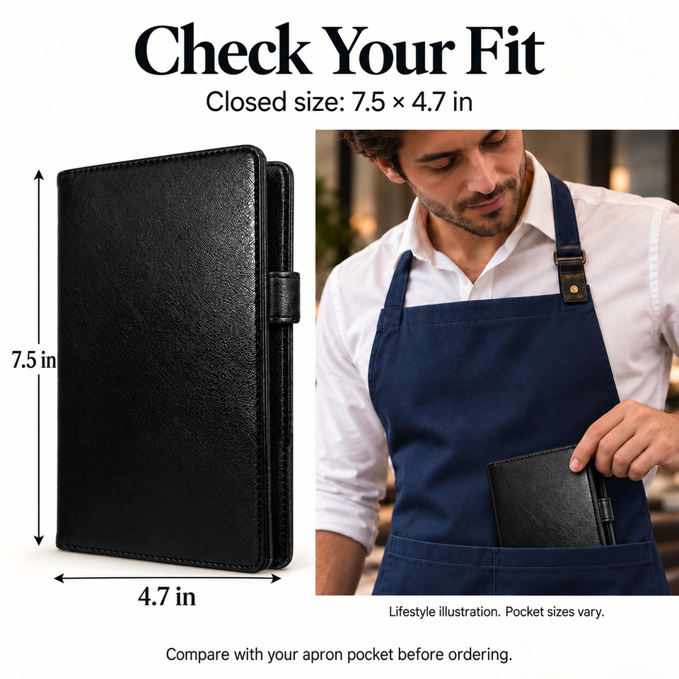 Mymazn Black Classic Server Book closed dimensions of 7.5 by 4.7 inches with an illustrative apron scene