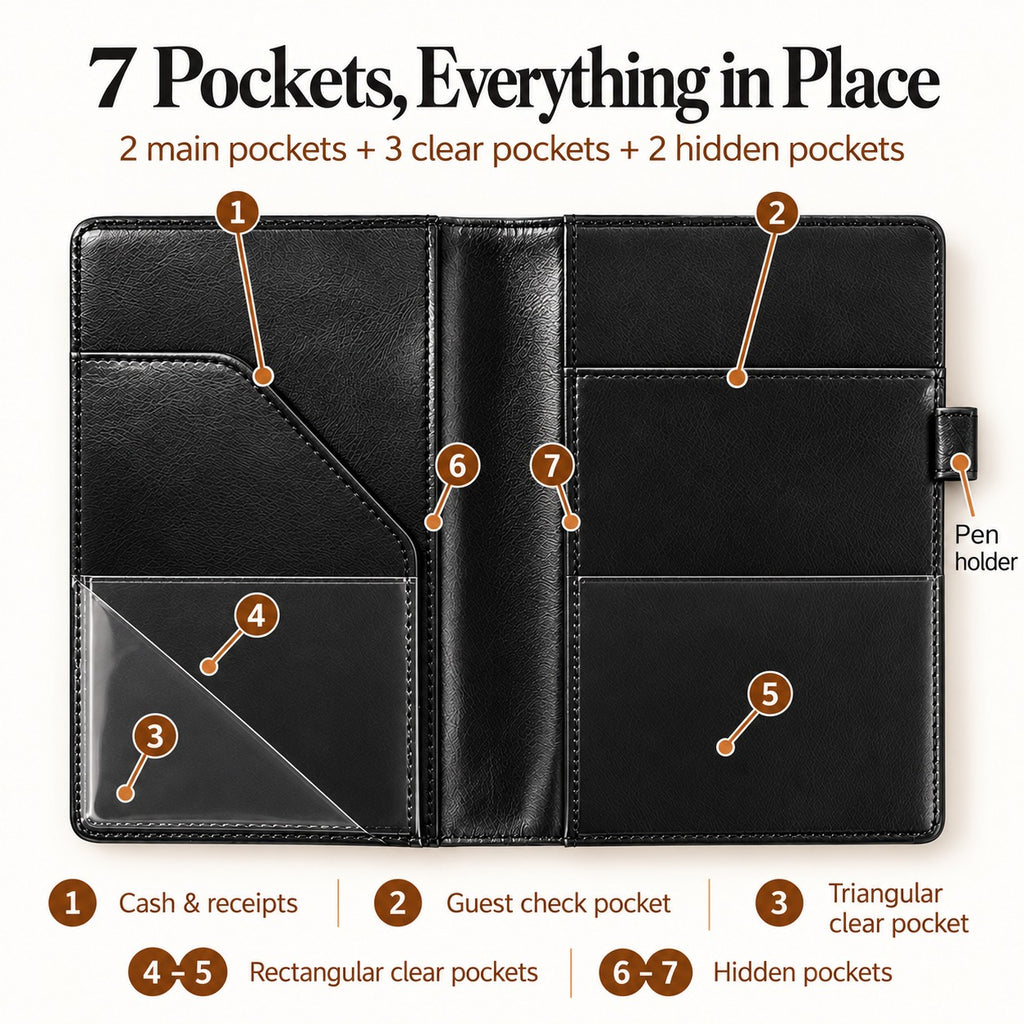 Mymazn Black Classic Server Book seven storage pockets plus a separate exterior pen holder