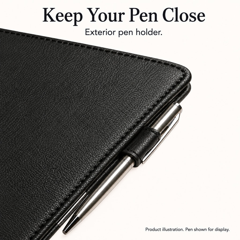 Mymazn Black Classic Server Book exterior pen holder with a display pen