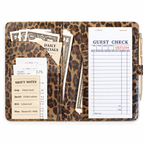 Mymazn Brown Leopard Classic Server Book open with guest checks, cash, reference cards, and an exterior pen holder