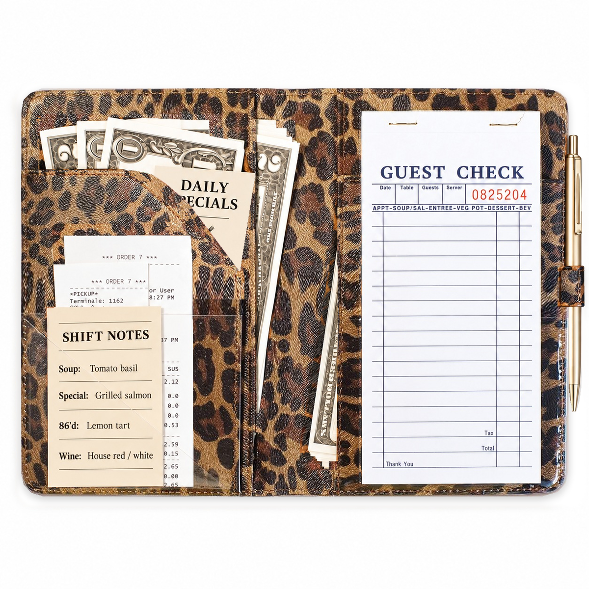 Mymazn Brown Leopard Classic Server Book open with guest checks, cash, reference cards, and an exterior pen holder