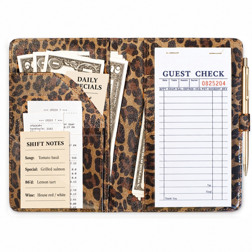 Mymazn Brown Leopard Classic Server Book open with guest checks, cash, reference cards, and an exterior pen holder