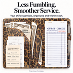 Mymazn Brown Leopard Classic Server Book — loaded guest check, cash, cards, receipts, and exterior pen holder