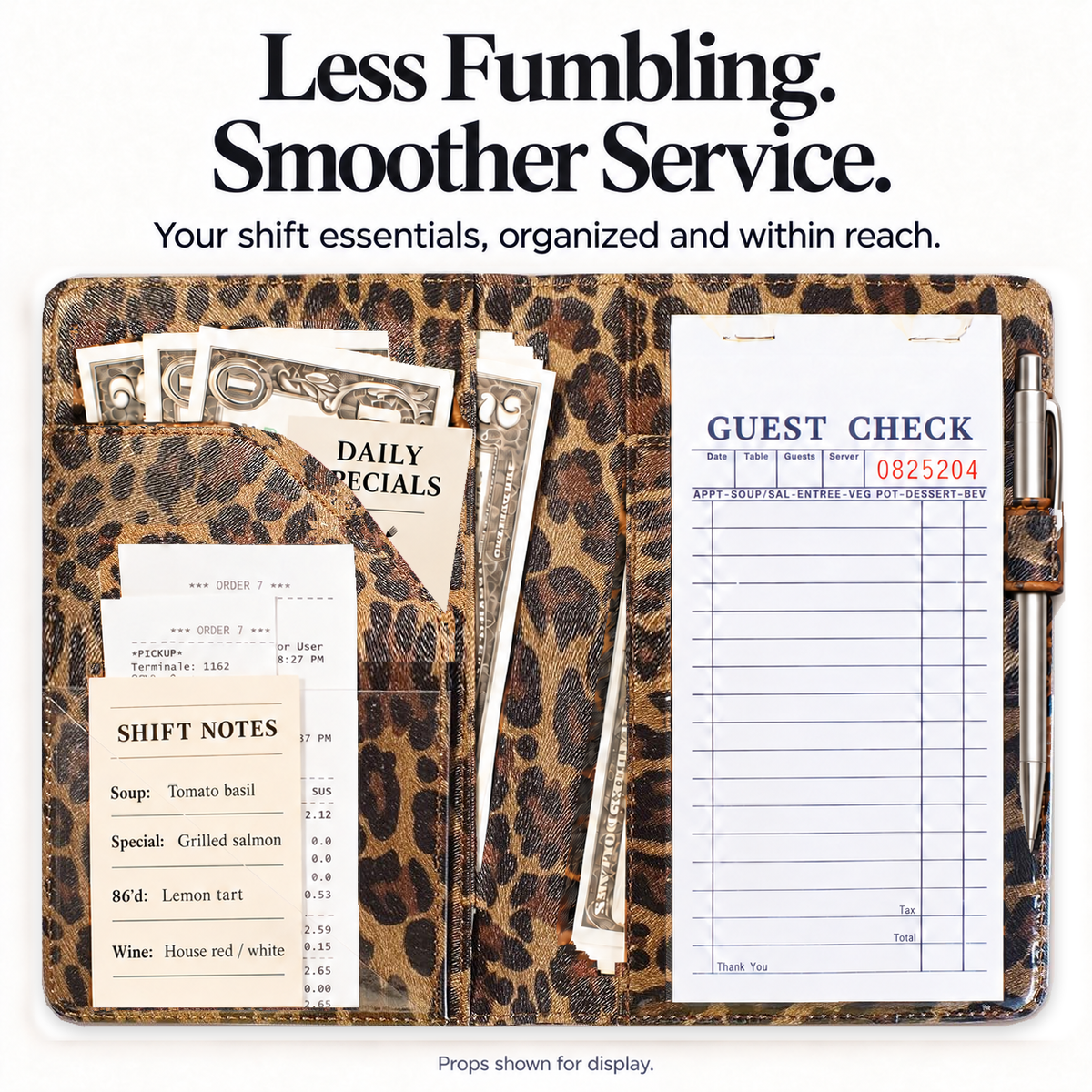 Mymazn Brown Leopard Classic Server Book — loaded guest check, cash, cards, receipts, and exterior pen holder
