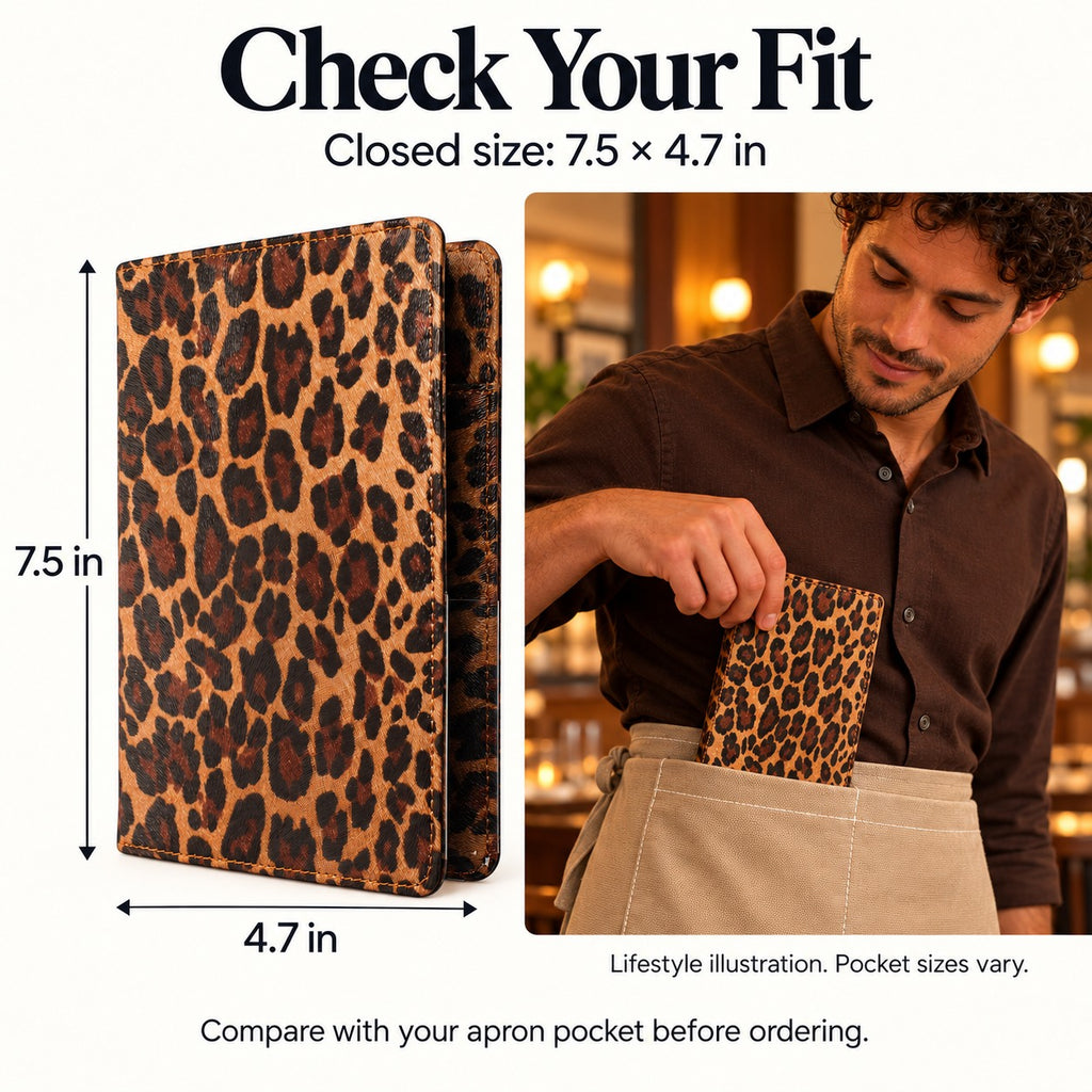 Mymazn Brown Leopard Classic Server Book — closed dimensions of 7.5 by 4.7 inches with an illustrative apron scene