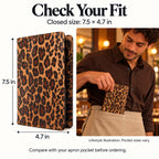 Mymazn Brown Leopard Classic Server Book — closed dimensions of 7.5 by 4.7 inches with an illustrative apron scene