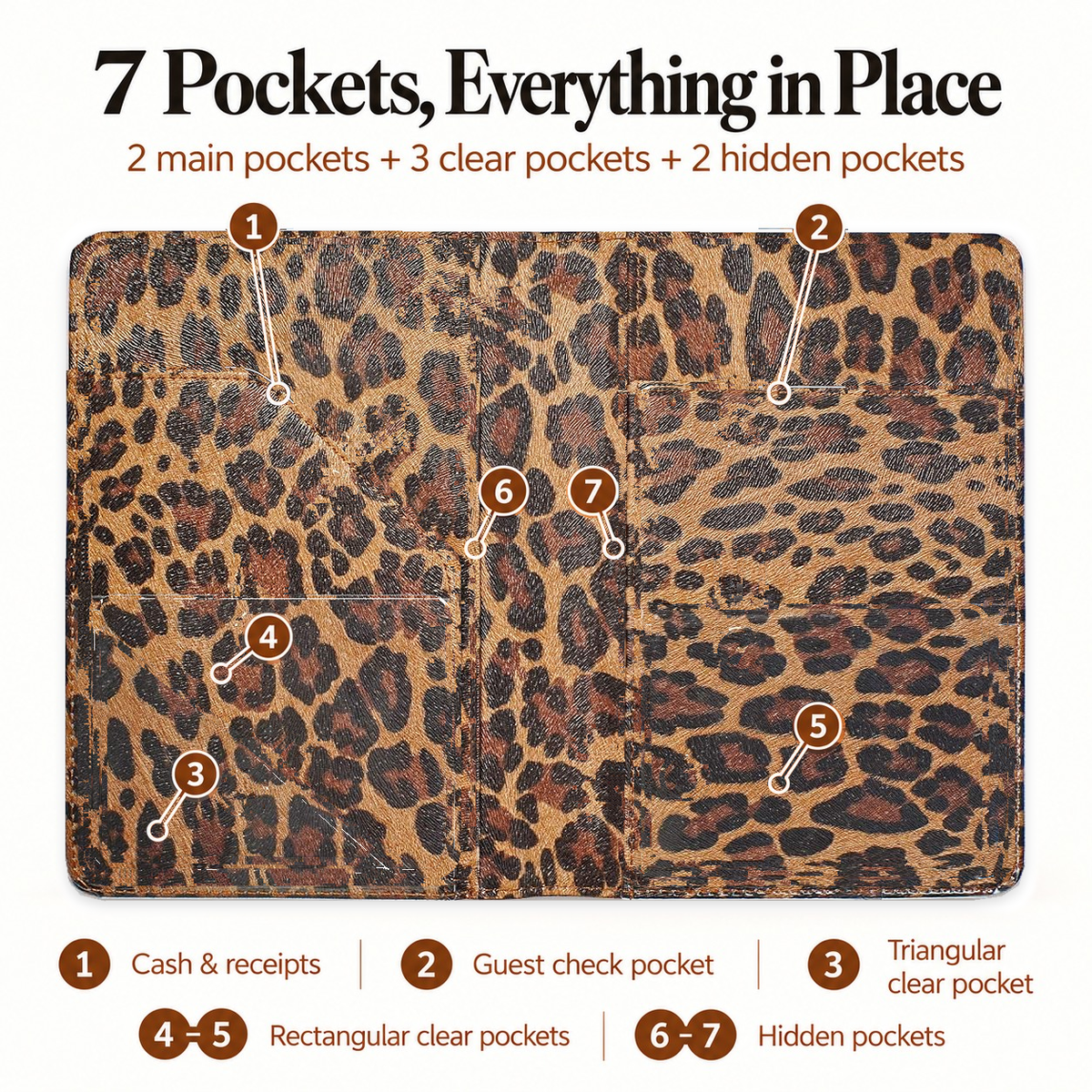 Mymazn Brown Leopard Classic Server Book — seven storage pockets and separate exterior pen holder