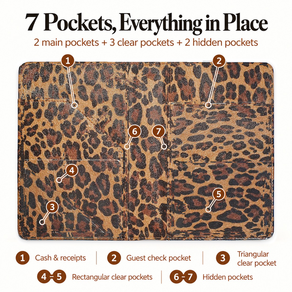 Mymazn Brown Leopard Classic Server Book — seven storage pockets and separate exterior pen holder