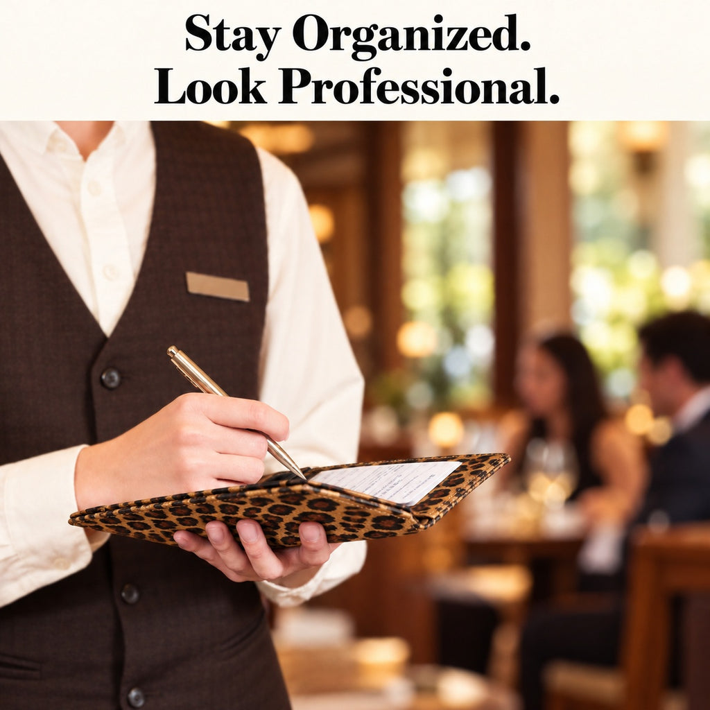 Mymazn Brown Leopard Classic Server Book — illustrative restaurant writing scene
