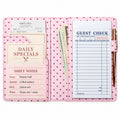 Mymazn Pink Polka Dot Classic Server Book open with guest checks, cash, reference cards, and an exterior pen holder