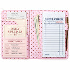 Mymazn Pink Polka Dot Classic Server Book open with guest checks, cash, reference cards, and an exterior pen holder