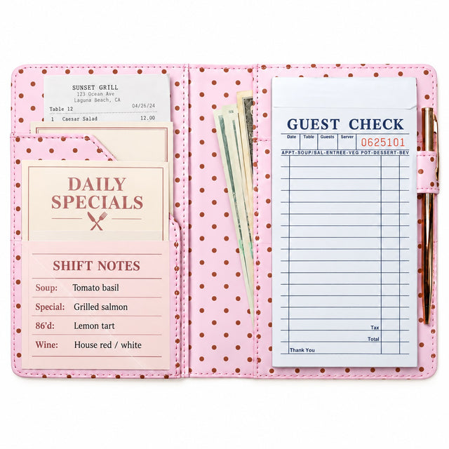 Mymazn Pink Polka Dot Classic Server Book open with guest checks, cash, reference cards, and an exterior pen holder
