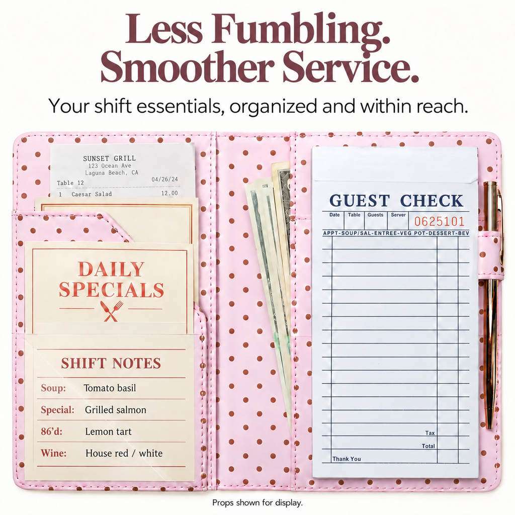 Mymazn Pink Polka Dot Classic Server Book — loaded guest check, cash, cards, receipts, and exterior pen holder