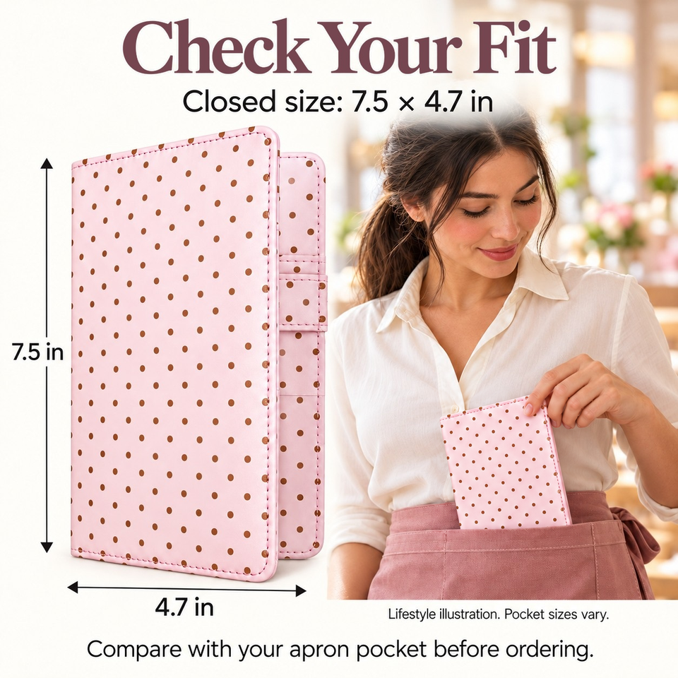 Mymazn Pink Polka Dot Classic Server Book — closed dimensions of 7.5 by 4.7 inches with an illustrative apron scene