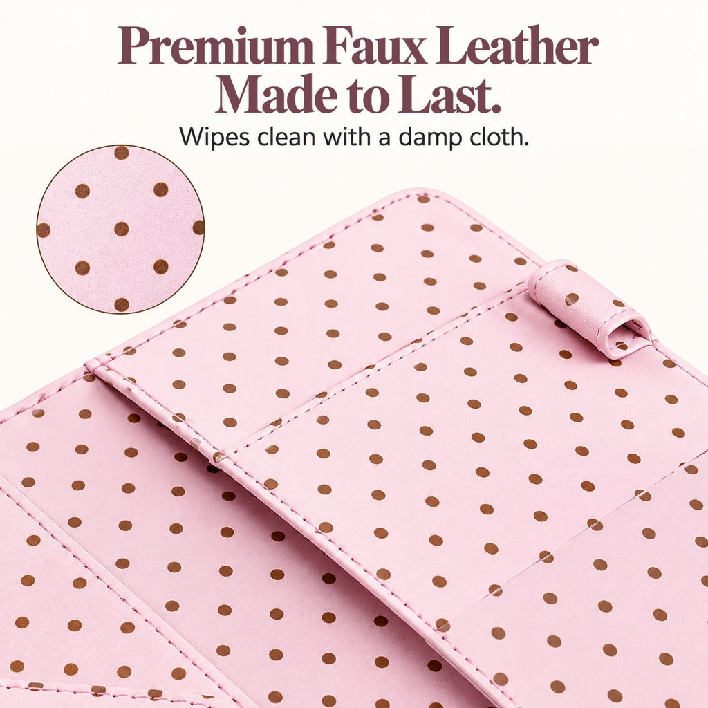 Mymazn Pink Polka Dot Classic Server Book — faux leather texture and stitched edge detail